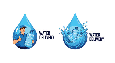 Obraz premium Set of two professional water delivery service logos featuring a friendly courier and refreshing splashes with large plastic bottles.