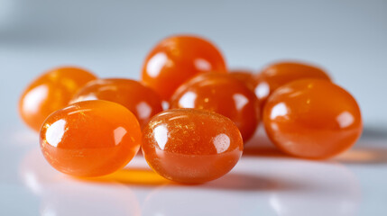Glossy orange gummy candies with a shiny finish floating against a clean light gray background, showcasing their round shape and vibrant color, confectionery concept, with copy
