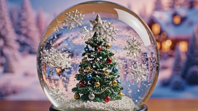 Christmas tree in snow globe on a table with snowy village background