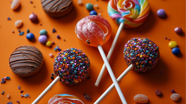 Colorful assortment of candy lollipops and round sweets on sticks against a vibrant orange background, playful festive celebration concept, with copy space