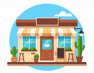 Obraz premium Charming Flat Design Coffee Shop Facade with Striped Awning, Cacti, and Welcoming Outdoor Seating.