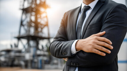 Faceless man in black suit standing in front of building with defocused sun, oil industry concept, business professional, energy sector, corporate setting, with copy space