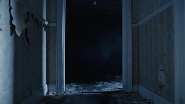 A long, decaying hallway evokes a sense of mystery and unease, perfect for conveying suspense, solitude, or depicting a forgotten past.