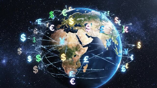 Global currency exchange networks glowing on Earth in outer space