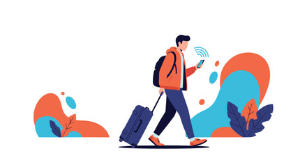 Obraz premium Young male traveler walking with suitcase and checking smartphone with wireless connection signal for navigation or flight tickets.