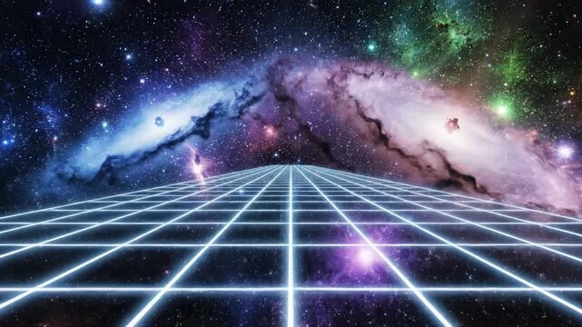 Futuristic grid leading to spiral galaxies in a starry space background