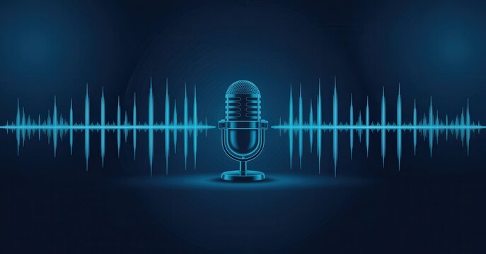 Neon light effect glowing blue microphone with sound wave on dark background for podcast or music
