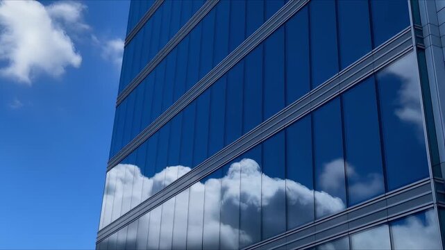Blue sky and bright clouds mirror across the glass facade of a modern office tower, captured from a low angle that emphasizes sleek lines, reflective panels, and crisp architectural geometry.
