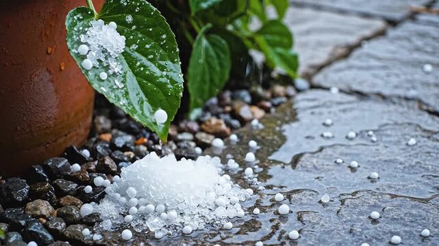 Water droplets cascade from green leaf onto stones, creating a small pile of ice pellets on the wet pavement near a flower pot