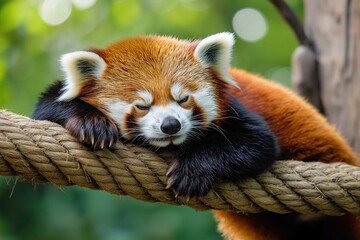Obraz premium Red panda resting with closed eyes on a textured rope, showcasing its red fur and white facial markings in a peaceful outdoor setting