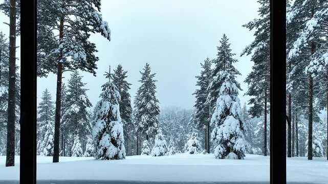 Snowy forest view through large window on a winter morning