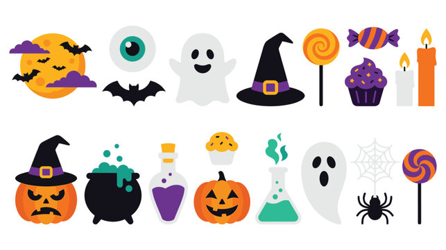 Halloween icons collection with ghost pumpkin witch hat and candies for celebration