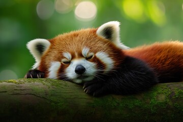 Fototapeta premium Red panda resting in nature, its eyes closed, conveying tranquility and wildlife beauty. Cute animal finding comfort