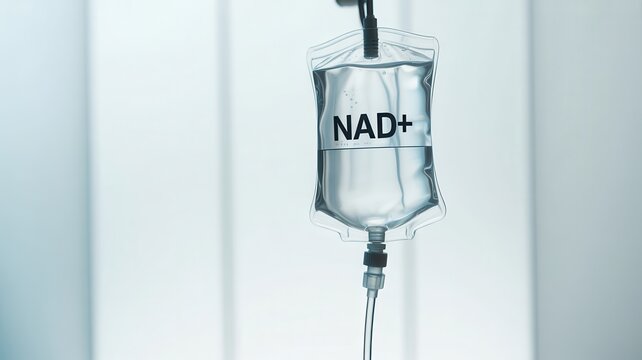 closeup of an intravenous drip bag with nad label on a light blue background