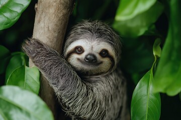 Fototapeta premium Sloth with a wide smile clinging to a tree branch surrounded by lush green leaves in a tropical jungle environment