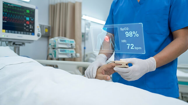 Medical professional checking patient's vital signs with pulse oximeter in modern hospital