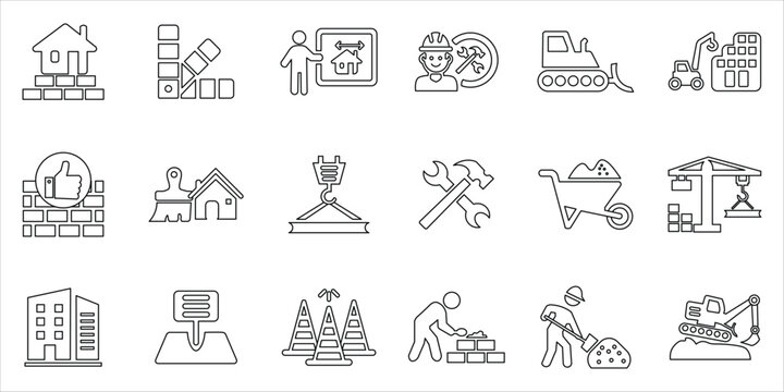 build icons set. excavator, crane, cone, tools, construction, cement, renovation and more. simple line vector illustration