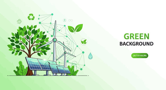 Eco friendly green background with solar panel and wind turbine vector