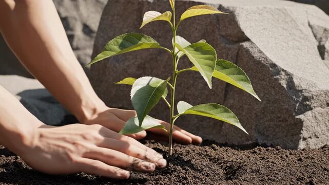 Macro of Middle Eastern hands planting young tree sapling in clean soil, sustainable luxury concept