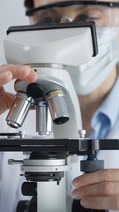 Female scientist wearing lab coat and protective glasses using a modern microscope in a laboratory...