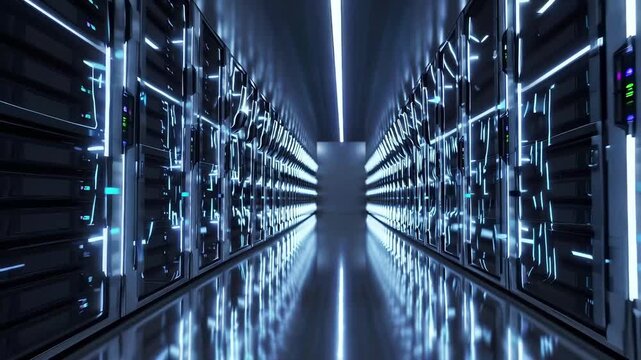 A long corridor of a modern data center stretches between towering server racks, cool blue LEDs tracing cables and panels, as a polished floor reflects the glow toward a sealed door at the end.