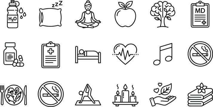 Healthy lifestyle and wellness line icon set with meditation, nutrition, sleep, hydration, heart health and mindfulness symbols vector illustration