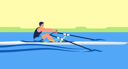 Male athlete rowing a single scull boat on the water. © Haroh