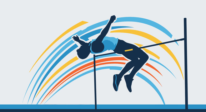 Dynamic high jumper clearing bar in athletic competition.