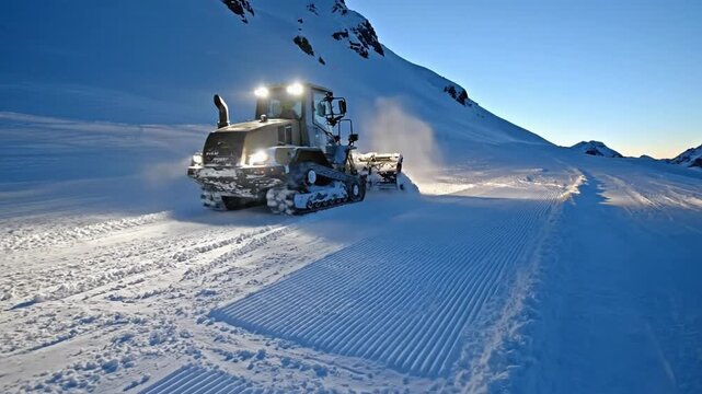 Snow groomer vehicle clears snow-covered mountain slope, creating smooth surface while operating under early morning light