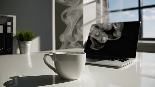 Sunlit office desk with a steaming coffee mug beside a sleek laptop, soft curls of vapor rising in the light as reflections play on the glossy surface near a bright window view.