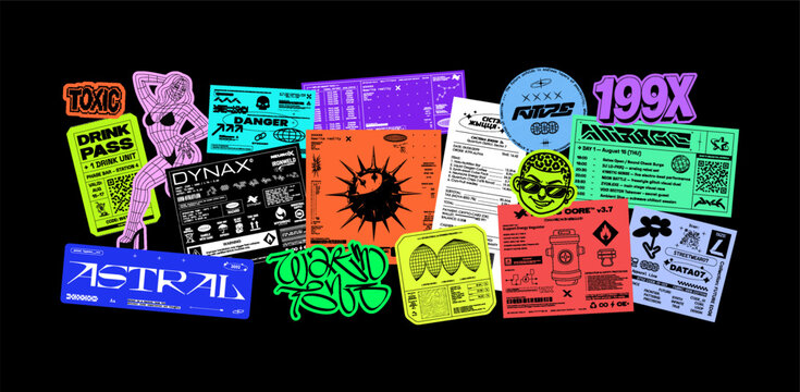 Stylish stickers, Acid Y2K pack with Colorful retro futuristic stickers, tags, labels, badges, cards. Streetwear labels and prints in neon colors. Vaporwave vibe. Y2K elements with lettering. Vector