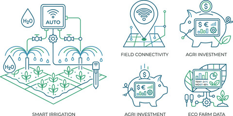 Smart agriculture technology icon set with smart irrigation system, field connectivity, farm data analytics and agri investment symbols vector illustration