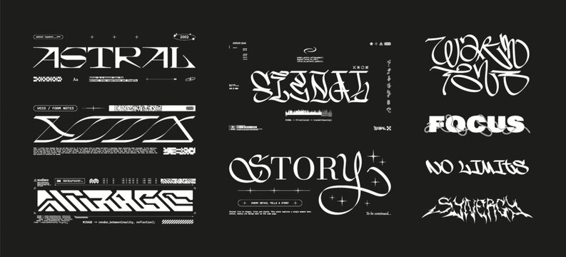 Lettering in different styles - modular, gothic, digital serif, techno, futuristic. Typeface inscriptions for merch, t-shirt, clothes, typography, streetwear. Sci-fi lettering, calligraphy. Vector set