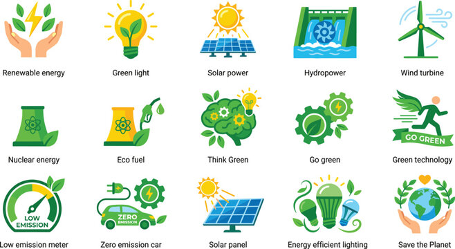 Renewable Energy and Green Technology Icon Set with Solar Power, Wind Turbine, Hydropower, Eco Fuel, Zero Emission and Sustainability Symbols