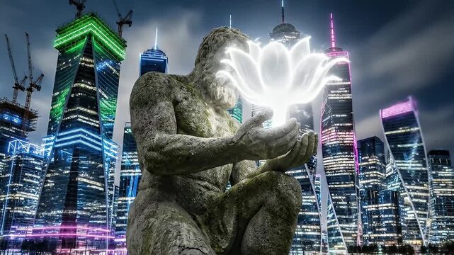 Ancient kneeling stone statue holding glowing ethereal flower between medieval castle and modern city conveying temporal transition