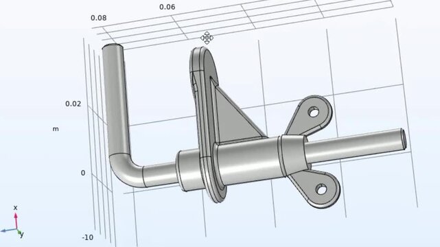 Video animation of engineering 3d modeling of
metal bracket with rotation using computer 
aided design system with grid. 
Technic education cad analysis of steel mechanical part with hole.