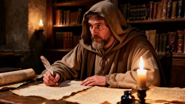 Medieval monk in a hooded robe writing on parchment with a feather quill by candlelight. Historical scholar working in a dimly lit library. Medieval history and academic research concept.