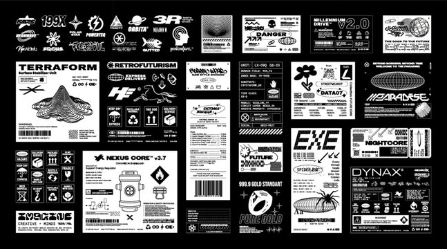 Techwear-Inspired Graphic Prints - fake logo, prints for clothes, emblems, tags, checks, decal. Retrofuturistic and brutalism graphic set for streetwear. Translation from Belarusian - life system.