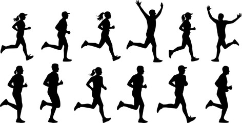 Marathon run. Group of running people, men and women. Isolated vector silhouettes