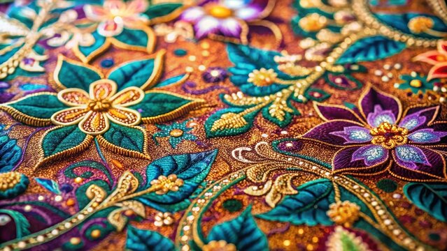 A photo of a traditional Malay batik pattern featuring intricate floral motifs and geometric designs on a vibrant fabric The design is meticulously d