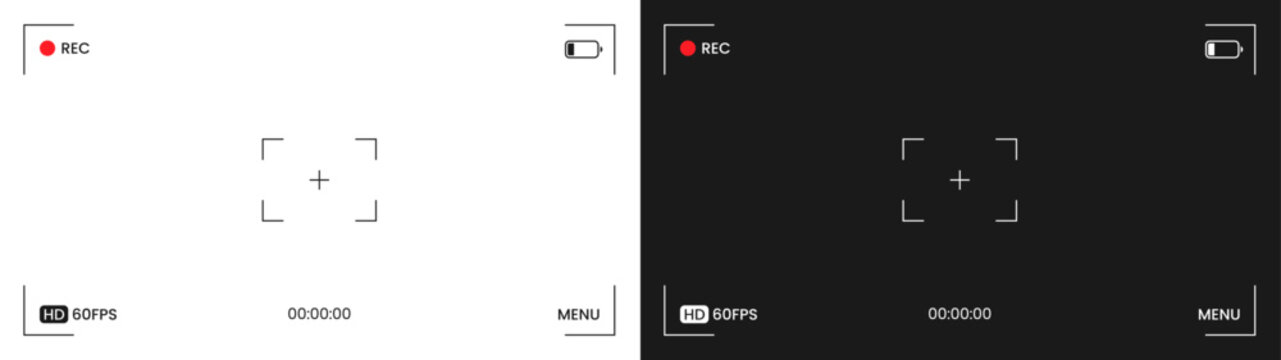 Modern video camera viewfinder 16/9 blank frame set. Isolated screen recording viewfinder HD interface display. Black and white record UI footage settings concept. Vector illustration.