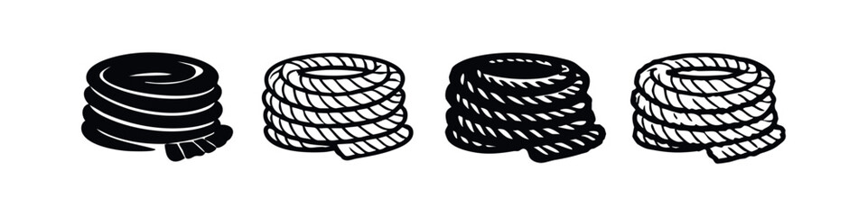 Collection of coiled rope icons, depicting various styles in black solid and outline. © liubomir118809
