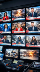 Fototapeta premium Media control room monitors displaying multiple breaking news broadcasts. Television production gallery with news anchors reporting on global events and disasters.