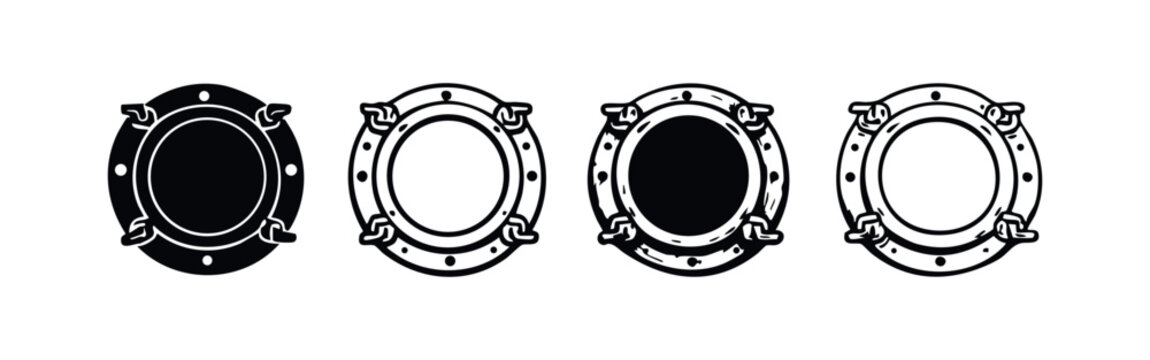 Vintage Porthole Icons Set, Hand-Drawn Ship Window Symbol Collection