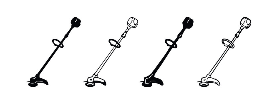 Garden String Trimmer Vector Icons. Lawn Mower and Weed Whacker Symbols in Black and White Style.