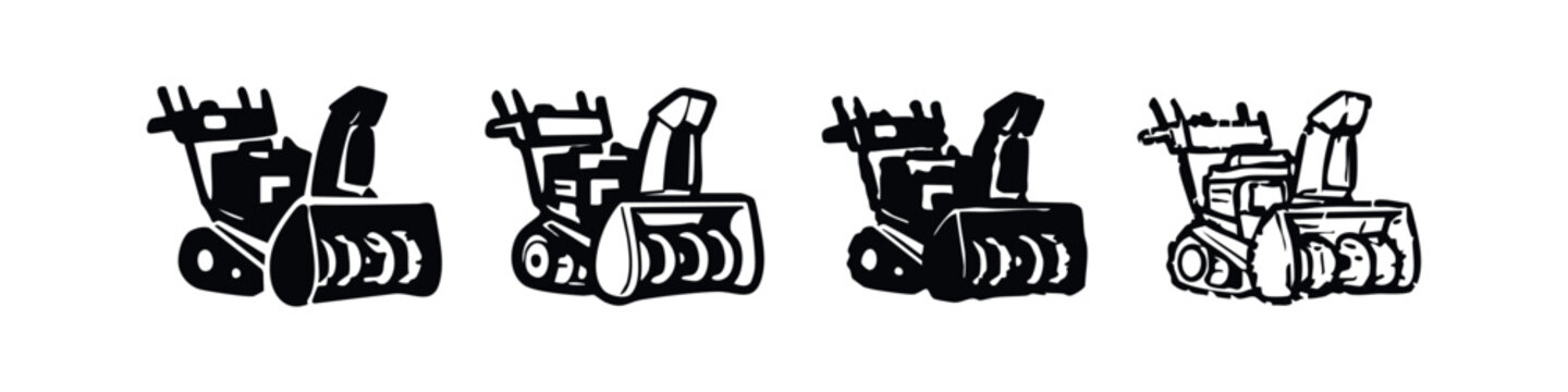 Winter Snow Blower Vector Icons. Snow Removal Equipment Symbols in Black and White Style.