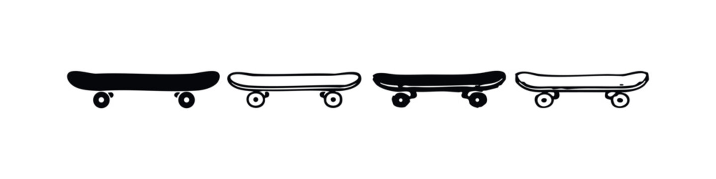 Skateboard vector icons set. Skate board sport equipment illustrations in solid and outline doodle style.
