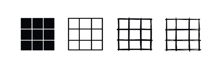 Grid layout icon set in varied hand drawn styles
