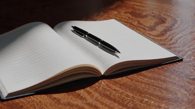 An open lined notebook on a warm wooden table, with a black pen across the center fold, as angled sunlight casts sharp shadows and reveals the grain, inviting writing and quiet focus.