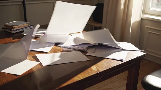 A wooden desk by a bright window is strewn with loose sheets and envelopes, sunlit edges glowing as a breeze lifts the paper, while notebooks rest in the corner and soft curtains filter the light.